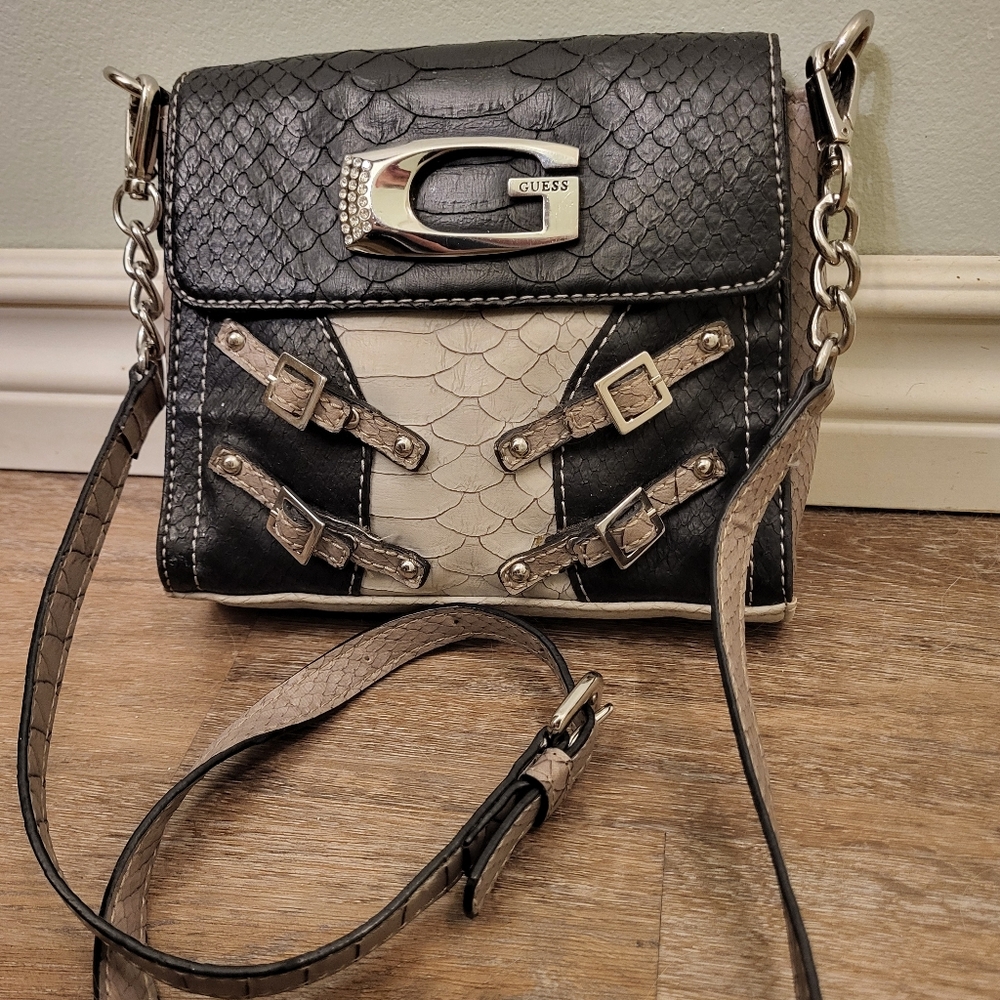 Guess Mini Crossbody Snakeskin & Buckle Purse Black & Taupe